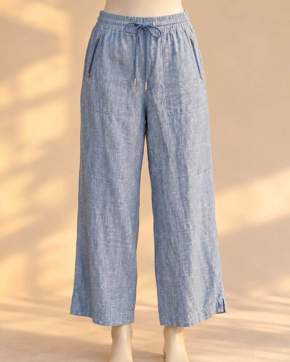 Athleta Cabo Linen Wide Leg Pants 18 Chambray Blue Coastal Resort Drawstring